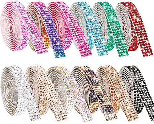 NiArt Lot de 12 rouleaux de ruban adhésif en strass - 0,9 cm de large - 9,7 m de large - Multifonctionnel - Pour loisirs créatifs, loisirs créatifs, chaussures, vêtements (couleurs assorties)