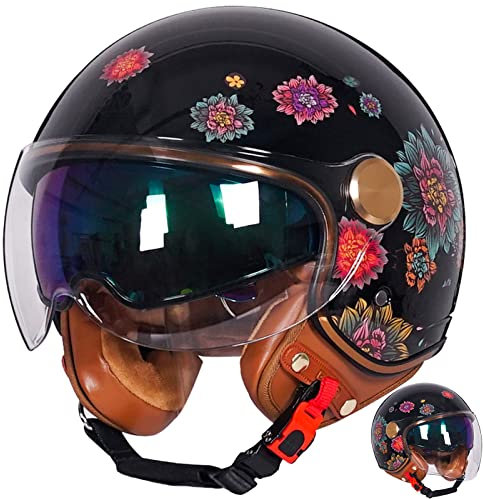 Vintage Motorradhelm, Frauen Jethelm mit Doppelvisier, Motorrad Helm für Roller Moped Cruiser Chopper - Breiter Sichtwinkel Sturzhelm mit Langes Visier - Blumen M-XL=55~61cm