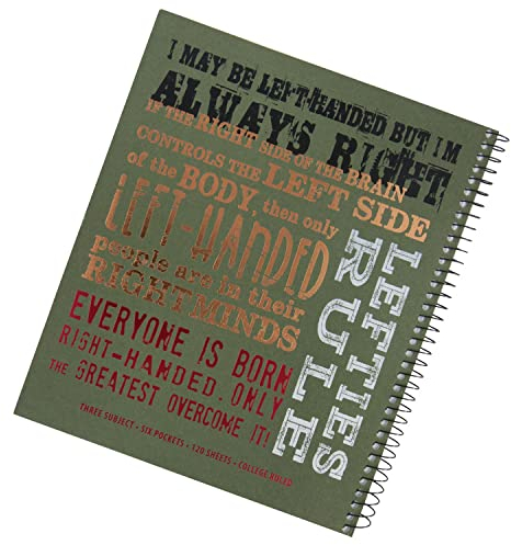 Left-Handed 3 Subject Spiral Notebook With Lefty Sayings (Green)