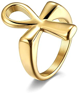 Ayoiow Ringe für Männer Edelstahl, Hochzeit Ringe Gold Ankh-Kreuzring 26 MM Breit Größe 60 (19.1)