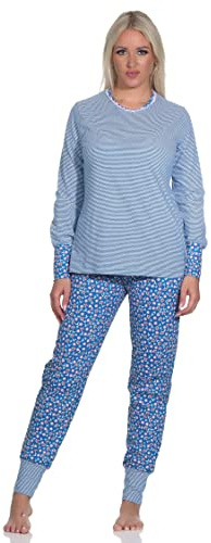 Normann Damen Schlafanzug Langarm mit Bündchen, Oberteil gestreift, Hose floral Bedruckt, Farbe:Marine, Größe:56-58