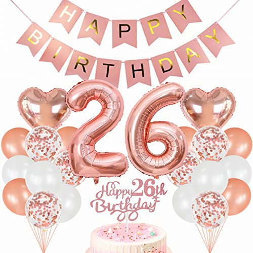 Conruich Geburtstagsdeko 26 Jahre Frau, Luftballon 26. Geburtstag Deko Set, Rosegold Tortendeko Geburtstag 26 Jahre Frauen, Ballon 26 Geburtstag Frau, Happy Birthday Banner Deko 26 Geburtstag Frau