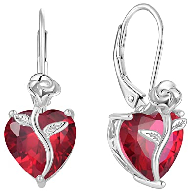 FJ Herz Ohrringe Damen Rubin Juli Geburtsstein 925 Sterling Silber Hängend Rose Blume Schmuck Geschenke für Frauen Mutter Freundin Mama