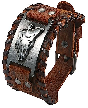 Cupimatch Herren Armband Retro Breites Metall Wikinger Armband Herren PU Braun Leder Armband Punk Style Armbänder Breiter Gürtel Manschette Armreif Rock Wrap für Männer Junge