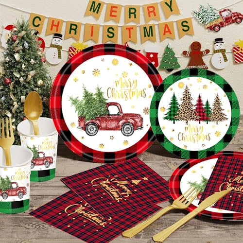 96pcs Weihnachts Partygeschirr Set für 24 Gäste, Teller, Servietten,Pappbecher, Weihnachtsgeschirr Tafelservice Xmas Deko Partyzubehör Pappteller Tischdecke Kinder Familie Themenparty