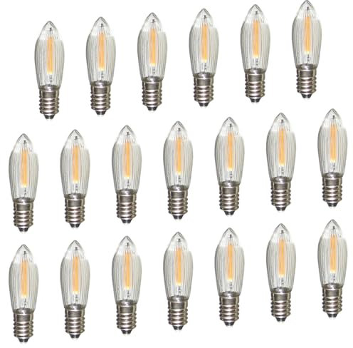 Erzgebirgslicht - AUSWAHL - 20 Stück LED Filament Topkerze 24 V 0,2 W für INNEN, für 10 Brennstellen E10 Riffelkerze Ersatzbirne Glühbirne Glühlämpchen für Lichterketten Pyramide Schwibbogen