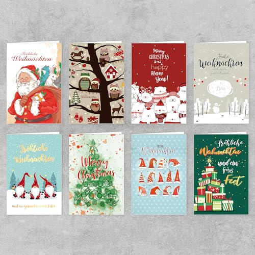 Weihnachtskarten mit Umschlag Set 50 Stück | Grußkarten für Weihnachtsgrüße, 8 verschiedene Motive | Frohe Weihnachten Klappkarte, BasicLine 11,5x17,5cm