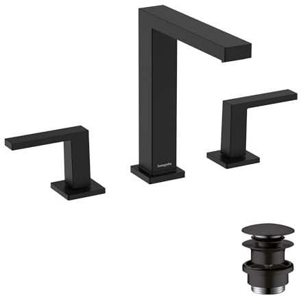 hansgrohe Tecturis E - 2-Loch Waschtischarmatur mit Push-Open Ablauf, Wasserhahn Bad mit Auslauf Höhe 173 mm, Mischbatterie Waschbecken wassersparend (EcoSmart+), Mattschwarz, 73030670