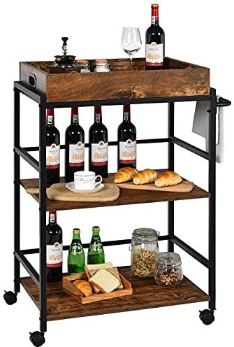KOMFOTTEU Chariot de Service Industriel avec 4 roulettes verouillées, Desserte de Cuisine avec Plateau supérieur Amovible, Chariot de Bar à 3 Niveaux, Style Vintage, 72,5 x 40 x 93 cm