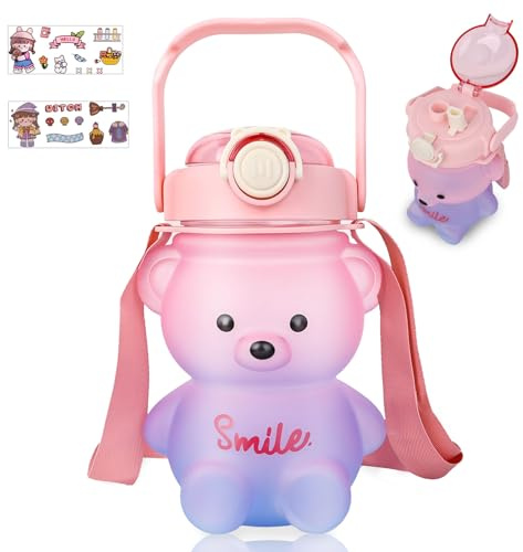 JINGGWW Bouteille d'eau de 1 050 ml avec sangle et paille, motif ours mignon de couleur dégradée, bouteille d'eau Kawaii pour enfants, gobelets en plastique étanche pour femme, école, sport, camping