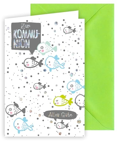 KE - Niedliche Glückwunschkarte zur Kommunion für Jungen und Mädchen, inkl. Umschlag, DIN B6 Format, Kommunionskarte, mit silberner Folie geprägt, Motiv: kleine Fische