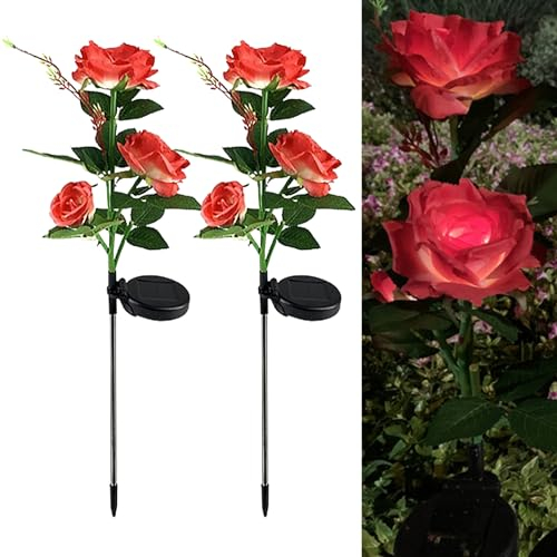 2 Stück Solarlampen für Außen Garten, Solarleuchten Deko, Wasserdicht Solarleuchten Garten Rose Lichter, LED Aussenleuchten Wegeleuchte, Garten Pfahl Lichter, Solar Blumenlicht für Gartendeko (Rot)