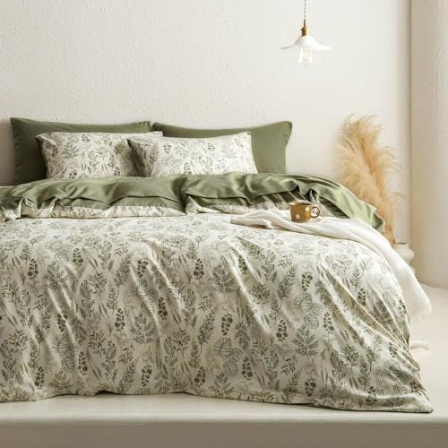 Freyamy Bettwäsche 200x200cm 3teilig Grün Olivengrün Blätter Pflanzen Bettwaren-Sets 100% Microfaser Pflanzenmuster Bettwäsche Elegante Bettbezug mit Reißverschluss und 2 Kissenbezug 80x80cm