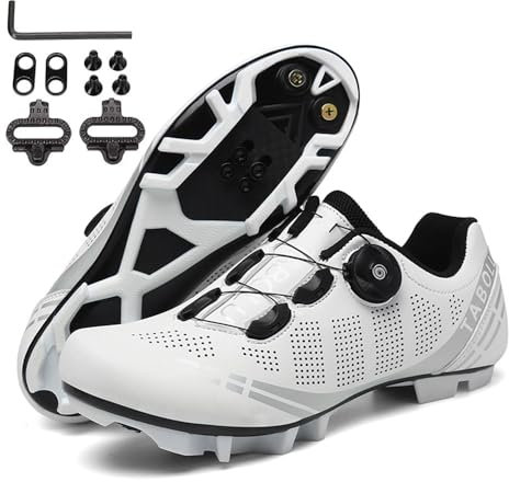 Hixingo Zapatilla de Ciclismo Hombre Mujer Blanco Zapatos Bicicleta de Montaña Exterior MTB Compatibles con SPD Lock System, Zapatillas de Ciclismo Unisex Adulto, 42 EU