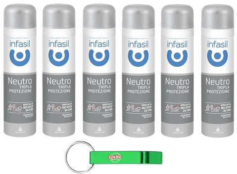 6 x Infasil Deodorant-Spray Neutral Dreifach-Schutz, Schutz und Wirksamkeit gegen Schweiß und schlechte Gerüche, Deo 150 ml + Schlüsselanhänger Beni Culinari gratis
