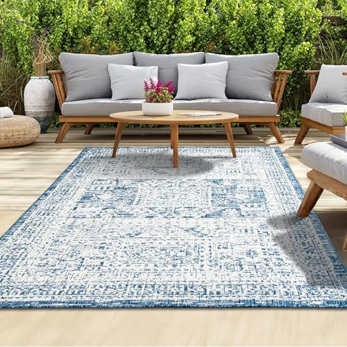 homeart Outdoor Rug - Easy-Clean, Durable, Stain-Resistant, Weather & UV Resistant Indoor & Outdoor Rugs for Porch, Deck, Balcony, Garden, Picnic and Patio | Vintage Blue, Cream - 200x290cm