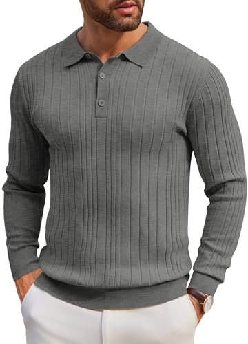 COOFANDY Men's Jumper Knitted Poloshirt Long Sleeve Pullover Regular Fit Mens Winter Sweatershirt Casual Tops Gray 3XL