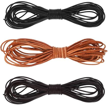 Prasacco 3 Rollen Lederschnur, 5m x 1,5mm Rund Lederband Reißfeste Lederschnur für DIY Handwerk, Schlüsselbänder, Armbänder, Halsketten, Schnürsenkel, Geschenkverpackungen (Schwarz, Natur, Braun)
