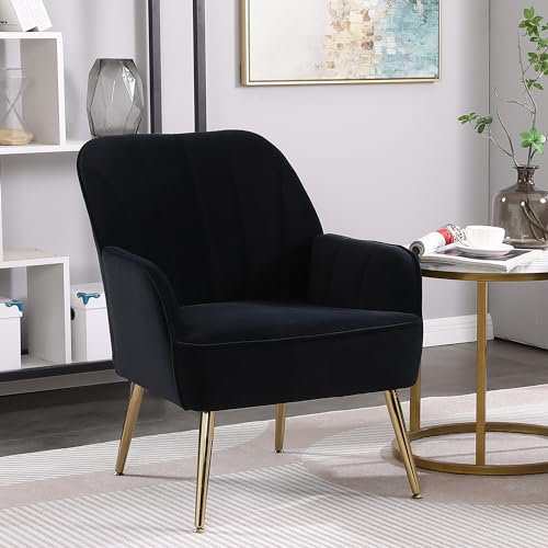 ZX Design Samt Ohrensessel für Wohnzimmer mit goldenen Beinen, Wohnzimmer Sessel Stühle für Schlafzimmer Büro, Relax Sessel gepolstert, schwarz