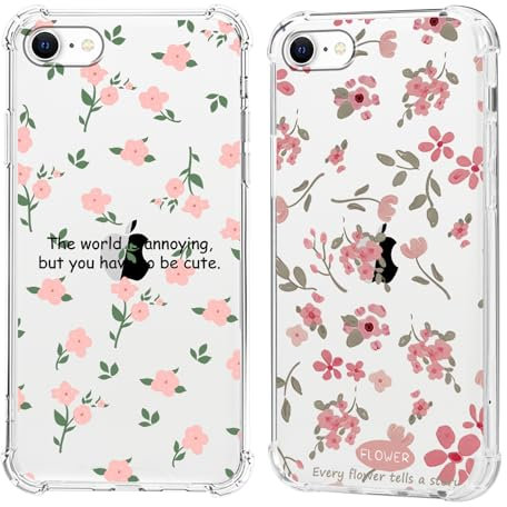Olgary 2 Pièces Coque pour iPhone 8/7 / SE 2020 / SE 2022 4,7 Pouce avec Fleur Rose Motif Etui de Téléphone Transparente Aesthetic Dessin, Protection Antichoc PC Dur Ultra Mince TPU Bumper Housse