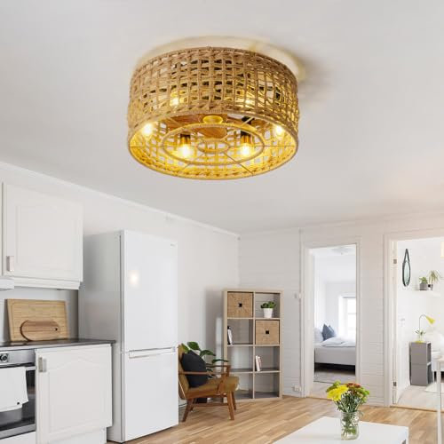 YFHKWJ Rotin Fait Main Ventilateur De Plafond Avec Telecommande APP Moteur DC Silencieux 6 Vitesses Rétro Lustre Ventilateur Pour Chambre Salon Cage Plafonnier Ventilateur Design