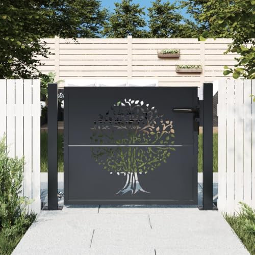 IKAYAA Puerta de Jardín Acero Corten 105 x 80 cm Cancela de Valla Barrera de Jardín Puerta de Valla de Jardín con Sistema con Cerradura Entrada Exterior, Gris Antracita, Oxidado Diseño árbol