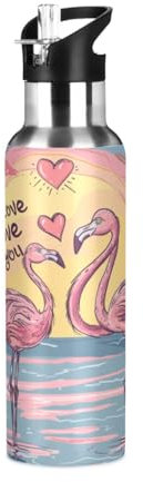 Niigeu Saint Valentin Amour Romantique Flamant Rose Bouteille d'eau Isotherme avec Paille en Acier Inoxydable Gourde, Sans BPA Gourdes Eau pour Enfant Sport Randonnée École Bureau (600ml/1L)