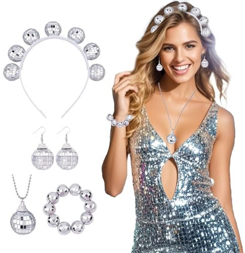 Lufdegim 4 Stück Disco Accessoires, Spiegel Discokugel Set, Disco Stirnband 1970s Vintage Disco Outfits 70er jahre Kostümzubehör für Damen Party Zubehör Karneval Fasching Kostüm