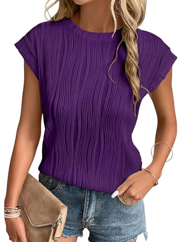 Gemulate Ladies Sleeveless Blouses Business Office Tshirts Blouses Casual Round Neck tees for Women Womens Shirt Short Sleeve Dark Purple L