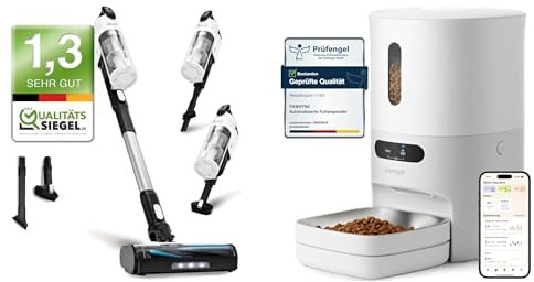 Levoit Akku Staubsauger mit Tierhaardüse, Anti-Haar-Verwicklung, max 50min Laufzeit + Pawsync Futterautomat Katze & Kleiner Hund mit App-Fernfütterung, individuelle Fütterungspläne