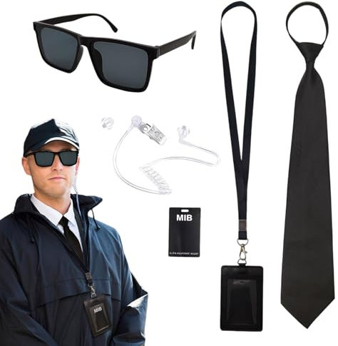 TUONYIS 6 Stücke Agenten Zubehör Set, Geheimdienst Kostüm Set Spion Kostüm Zubehör, mit Sonnenbrille, Krawatte, Kartenhalter, Ohrhörer Schlauch, ID Karte, Wachmann Cosplay Set, für Karneval (Schwarz)