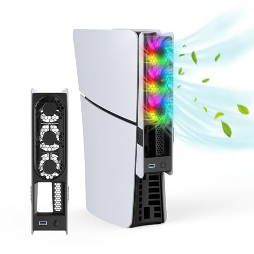 EJGAME RGB Cooling Fan for PS5 Pro/PS5 Slim – Auto Temperature Control, 5 Lighting Modes, USB 3.0 Port,Compatible with Disc & Digital Edition (Black&White)