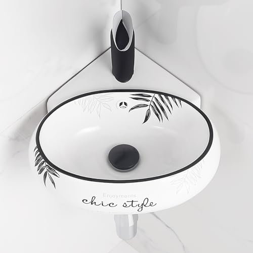 41cm Eckwaschbecken,Kleines Waschbecken Gäste Wc,Porzellan Keramik,Aufsatzwaschbecken Oval,Hängewaschbecken,Waschbecken Schmal,Wandschrank-Set Für Kleine Räume,Handwaschbecken(Black leaves,W41cm/16in)