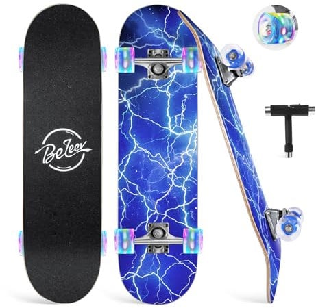 BELEEV Skateboard 31x8 Zoll Komplette Cruiser Skateboard für Kinder Jugendliche Erwachsene, 7-Lagiger Kanadischer Ahorn Double Kick Deck Concave mit All-in-one Skate T-Tool für Anfänger