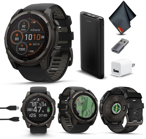 Garmin Fenix 8 51MM Solar Sapphire Premium Multisport GPS Smartwatch Carbon Gray DLC Titanium with Gray Silicone Band, Built-in LED Flashlight, Health & Fitness Smart Watch Bundle for Men & Women