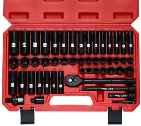 Mayouko 3/8” Drive Impact Socket Set, 50-Piece Standard SAE(5/16”-3/4”) and Metric Size(8-22mm), Deep & Shallow, 6 Point, CR-V, 72-Tooth Ratchet Wrench Handle, Extension Bars, Universal Joint