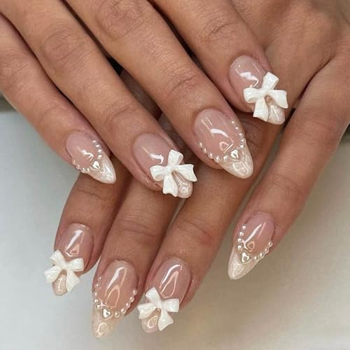 24Pcs Press on Nails Short Almond - Artificial Fake Nails with 3D Bow Pearl Design - Handmade Oval French Tip False Nails Short - Glossy Acrylic Stick On Nails fpr Women Girls Nail Art