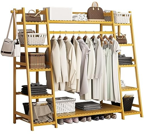 Portant à vêtements autoportant en Bambou, Porte-vêtements trapézoïdal avec Tringle de Suspension, Cintre de Garde-Robe Ouvert élégant pour Solution de Rangement dans la Chambre et