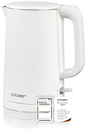 Cloer 4321 Hervidor eléctrico 1,5 L, 1500 W, recipiente y tapa de acero inoxidable, apagado automático, protección contra sobrecalentamiento, apertura con una mano, indicador de nivel interior, blanca