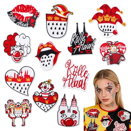 12 Stück Kölner Karneval Rot Weiß Bügelbilder, Köln Bügelflicken Karneval Aufbügeln Patches für Kleidung, Reparaturflicken zum Aufbügeln oder Annähen, Karneval Kostüm Bastelzubehör