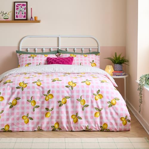 furn. Heya Home Gingham Lemons Duvet Cover Set – Reversible Soft & Durable Polycotton Fruit Bedding (Pink – Double – 200x200cm)
