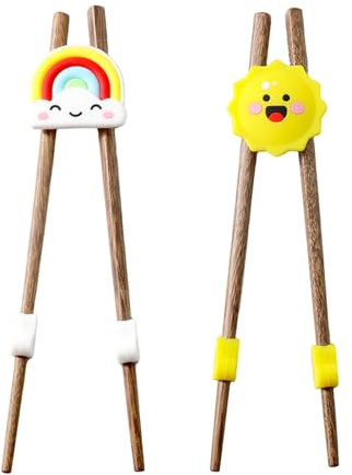 2 Paare Essstäbchen, Stäbchen Hilfe für Anfänger, Holz Stäbchen zum Essen Niedliche, Übungsstäbchen, Einfach zu Bedienen, Sushi Stäbchen Set für Asiatische Küche, Gelbe Sonne und Regenbogen
