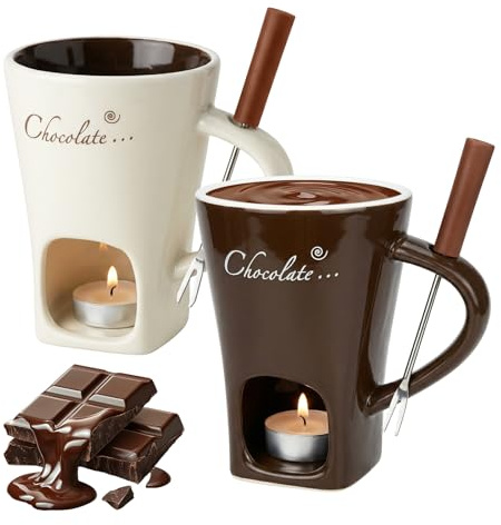 2 tazas de fondue de chocolate, juego de 2 tazas de cerámica con tenedor y vela de té para San Valentín y Navidad, set de fuente de chocolate para queso, mantequilla y caramelo, 130 ml (blanco y