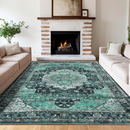 Waschbarer Vintage-Wohnzimmerteppich, 160 x 230 cm Maschinenwaschbar | Großer Rutschfester Schlafzimmerteppich Kurzflorig Fleckenabweisend, Türkis