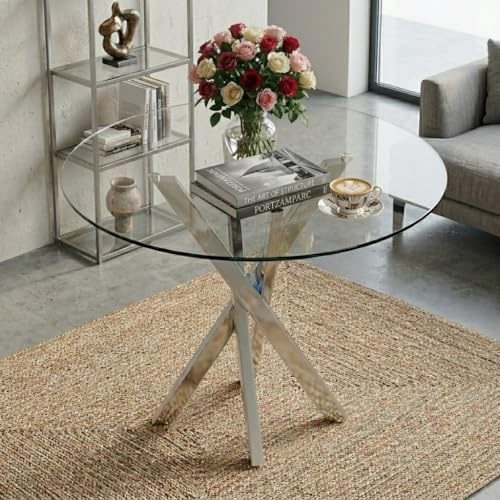 Runder esstisch Glas, 80X80X75cm, Moderner Esszimmertisch Glastisch Rund für 2–4 Personen, Tischplatte aus gehärtetem Glas, Küchentisch Rund für Küche, Wohnzimmer, Balkon, Restaurant, Büro, Silber