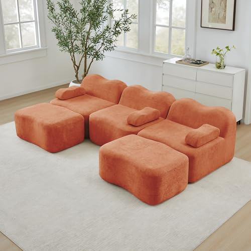 3-Sitzer U-förmiges Sofa mit Samt, Wohnzimmer, Orange, 2 Ottomans