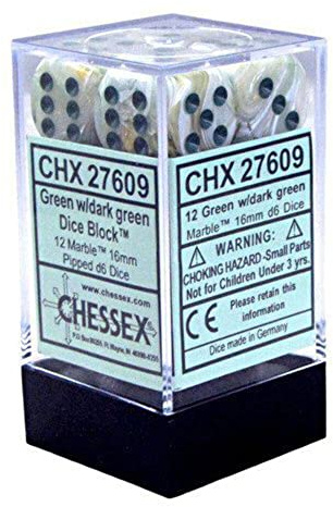 Chessex 16mm d6 with pips Dice Blocks (12 Dice) - Marble Green w/Dark Green