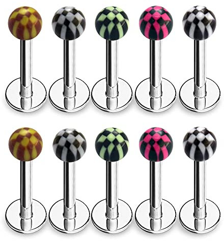 Monster Piercing 10 Stück Packung UV-Checkers Kugeln mit 16 Gauge (1,2 mm) - 10MM Länge 316L chirurgischer Stahl Lippe Labret Tragus Piercing
