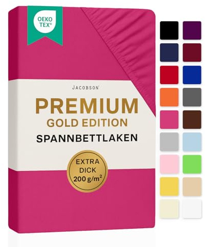 Jacobson Premium Spannbettlaken 200 g/m² Jersey Baumwolle mit Elasthan (60x120-70x140 cm, Pink)