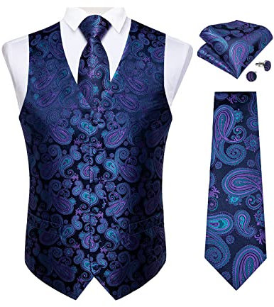 DiBanGu Herren Paisley Weste und Krawatte Einstecktuch Manschettenknöpfe Weste Anzug Set für Smoking, Violett / Blau, Medium
